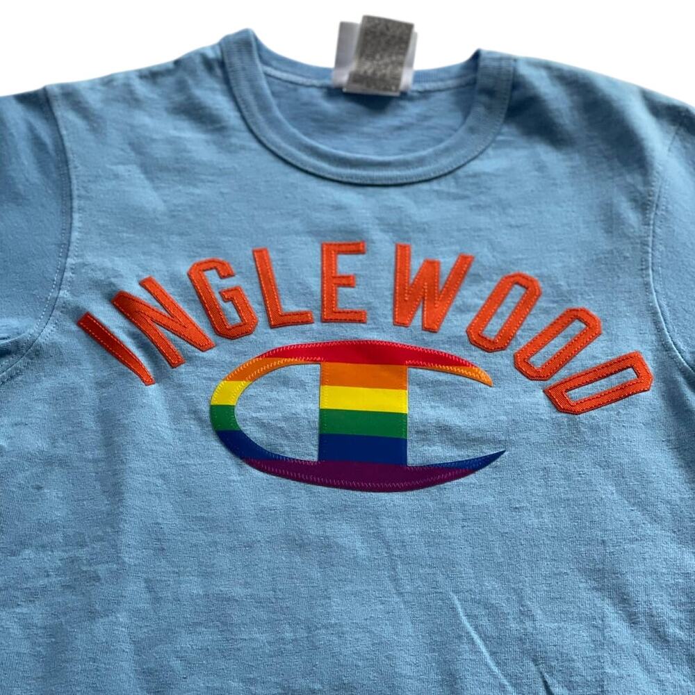 Champion Inglewood Rainbow Logo T-Shirt Size XS Pride Light Blue Casual - Picture 1 of 4